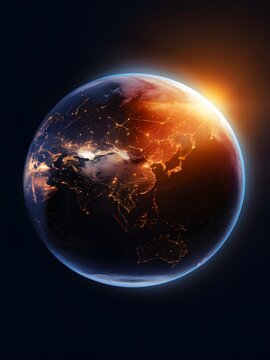 Global Awakening: A breathtaking view of earth at dawn, with city lights twinkling in the shadows. Evoking the beauty and fragility of our home planet, it symbolizes the dawn of a new era.