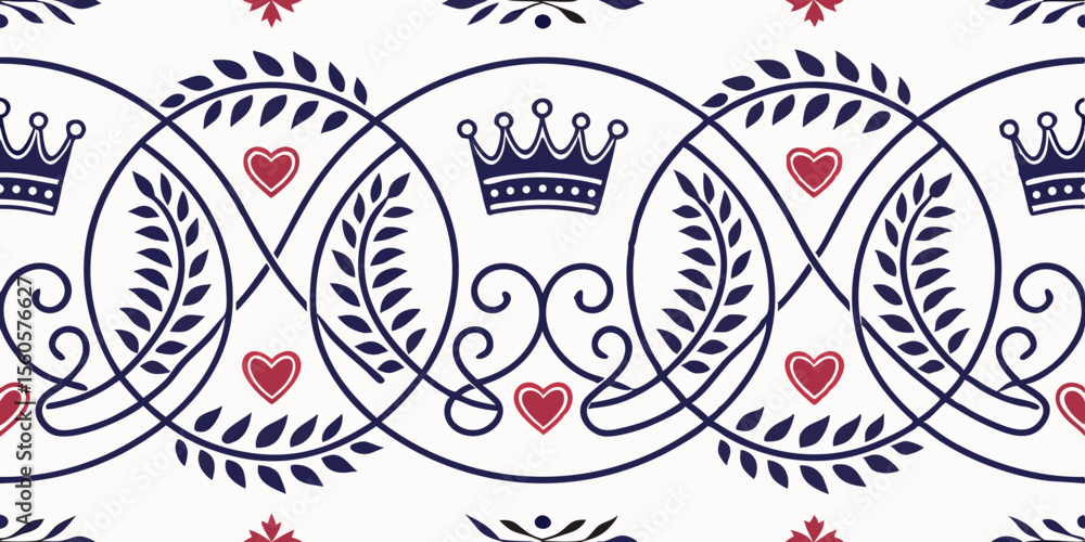 Poster horizontal seamless vector pattern with crowns and hearts design