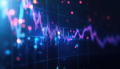 Abstract financial chart display.  Dynamic, glowing stock market data.  Colorful indicators.  Blurry grid overlay.  Dark background