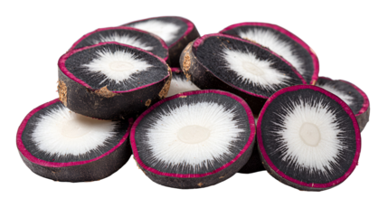 Sliced black radishes vibrant white centers dark purple rings