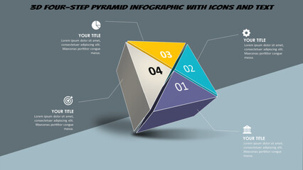 3D Four-Step Pyramid Infographic with Icons and Text. Fully editable vector SVG file compatible with PowerPoint, Illustrator, and most vector-based applications.