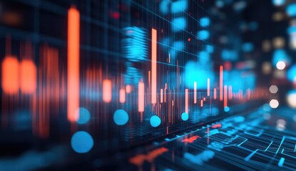 Abstract financial data visualization, showing vibrant, fluctuating bar graphs in orange and blue