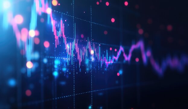 Abstract financial chart display. Dynamic, glowing stock market data. Colorful indicators. Blurry grid overlay. Dark background