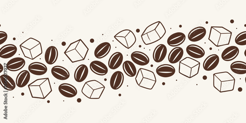 Poster horizontal seamless vector pattern with coffee beans and sugar cubes