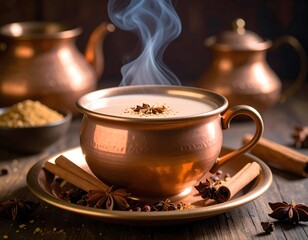 A copper masala chai in a clay cup, macro product shot, steam rising and spices scattered nearby, rustic background, cozy aromatic photography.