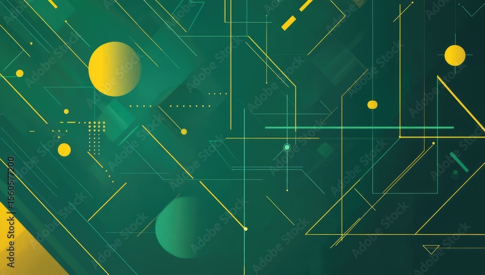 Poster abstract graphic design with emerald green and mustard yellow elements. interconnected lines, shapes