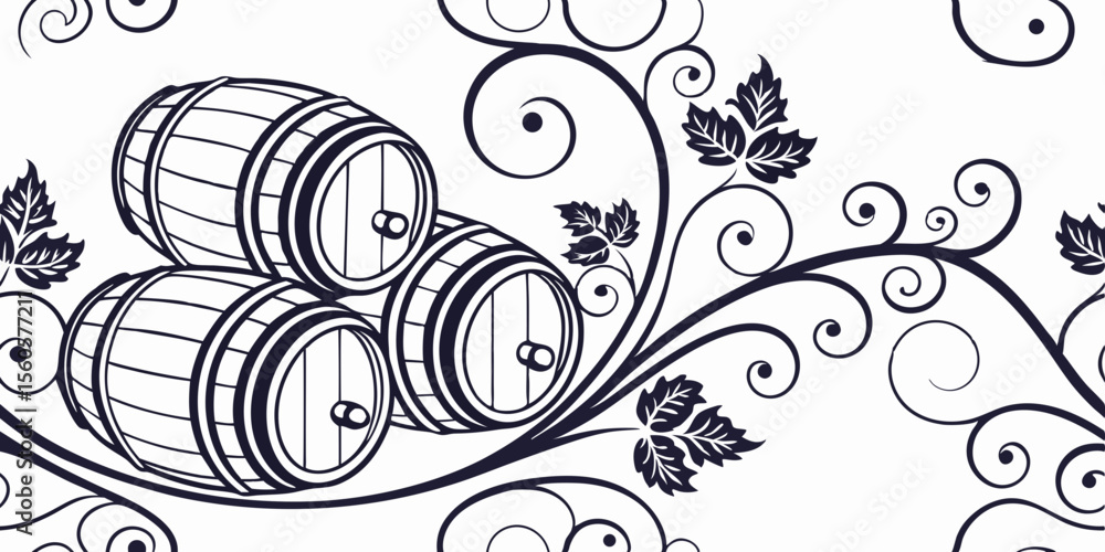 Poster vector seamless pattern with wine barrels and vine leaves, horizontal pattern-boardure