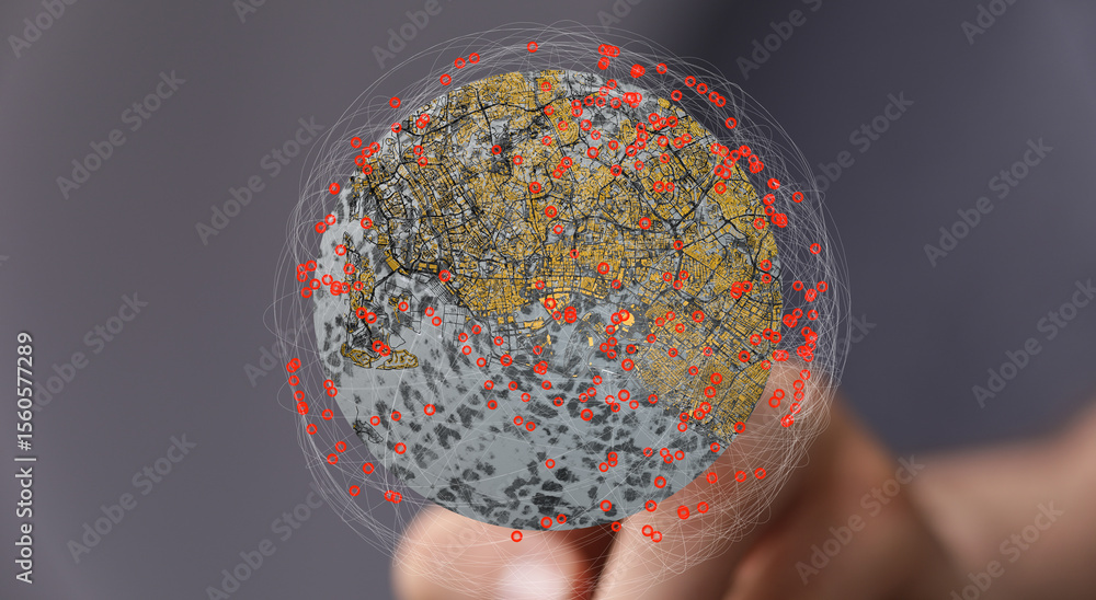 Poster visual representation of worldwide network, data points, and connections.