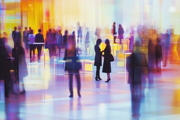 Blurry figures in a vibrant, large hall, filled with people.  Colorful,  blurred movement and interaction