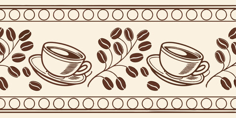 Vintage coffee cups pattern with beans on seamless background, horizontal seamless vector pattern-boardure  