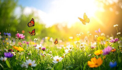 Vibrant meadow on first day of spring with colorful wildflowers and butterflies under bright sun