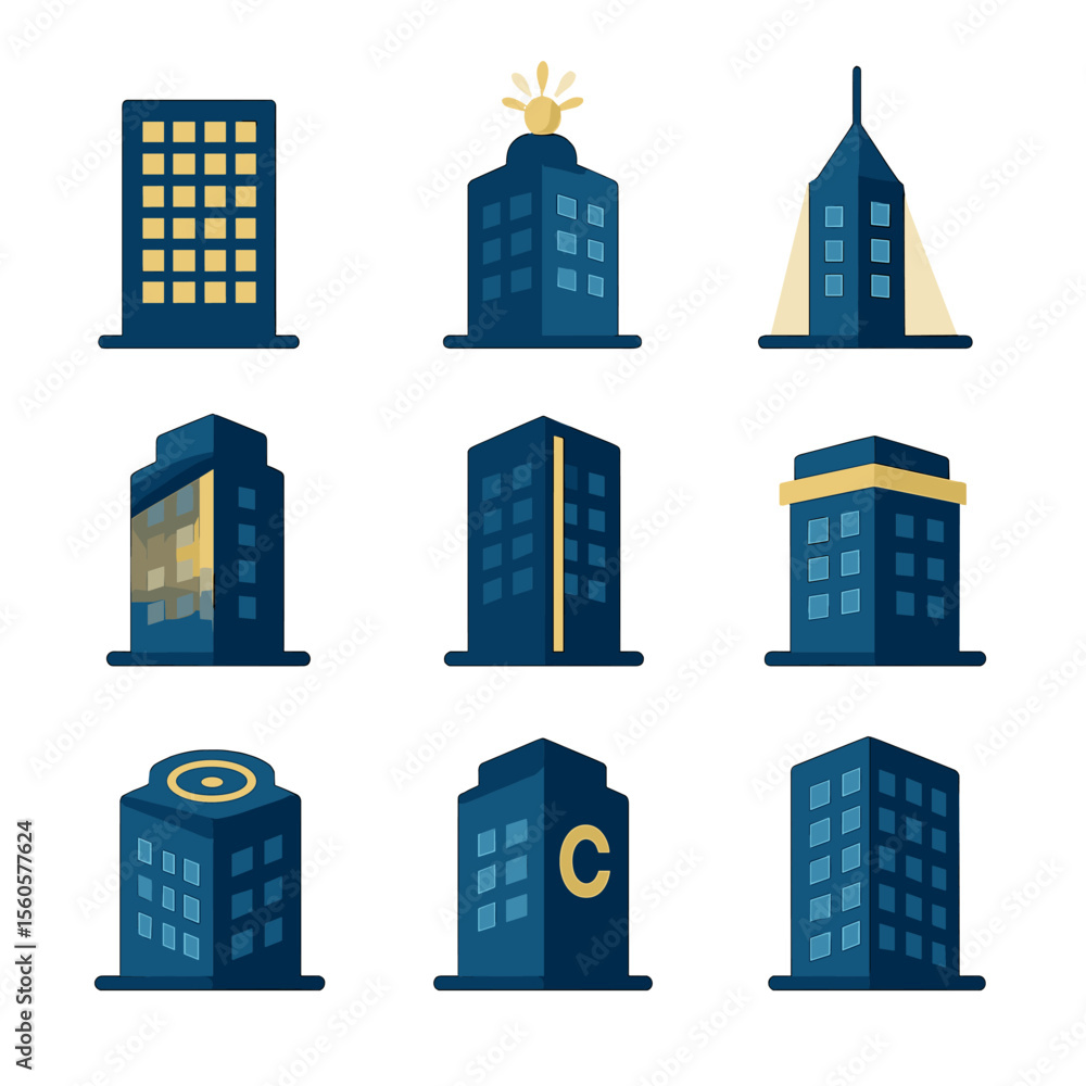 Poster illuminated skyscraper icons. flat icon set of illuminated skyscrapers: lit window grid, rooftop bea