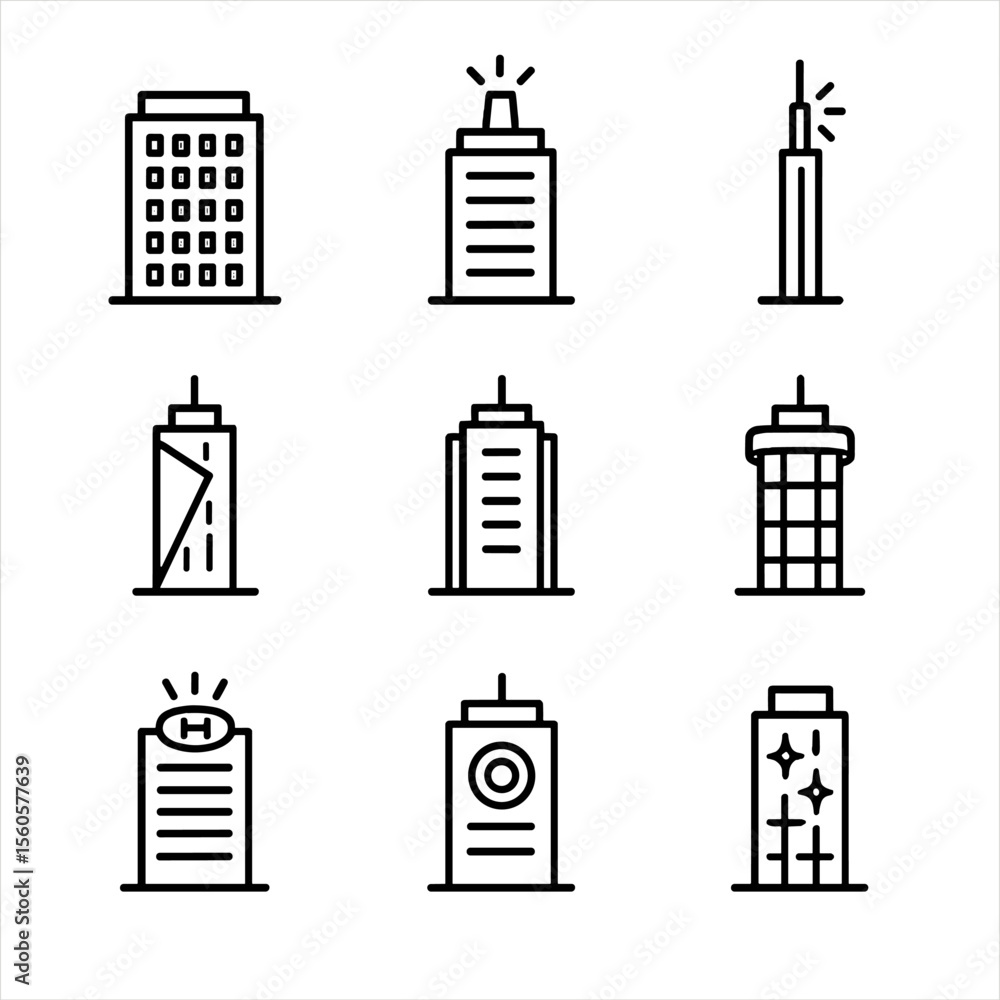 Poster illuminated skyscraper icons. outline icon set of illuminated skyscrapers: lit window grid, rooftop 