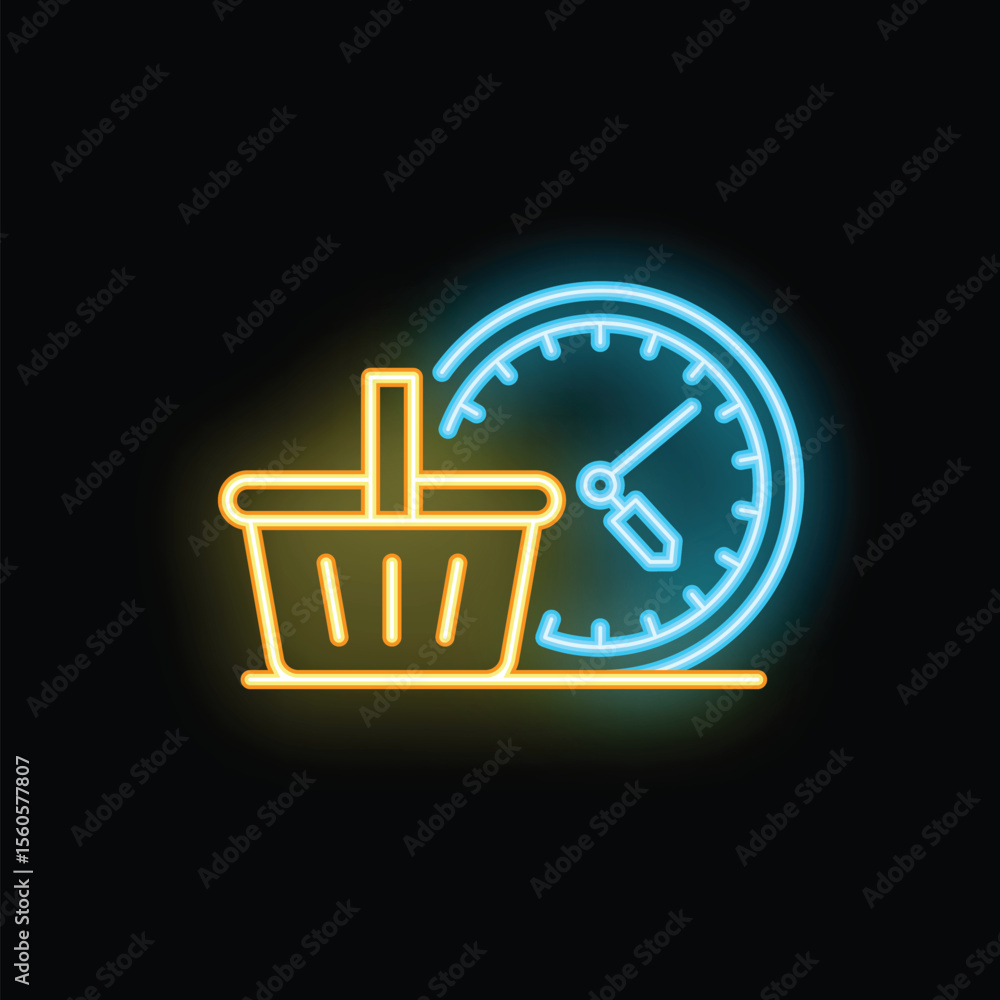 Poster neon sign illustrating a shopping basket and a clock symbolizing express delivery service for e comm