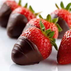 Delicious chocolate dipped strawberries arranged in a row isolated on white background