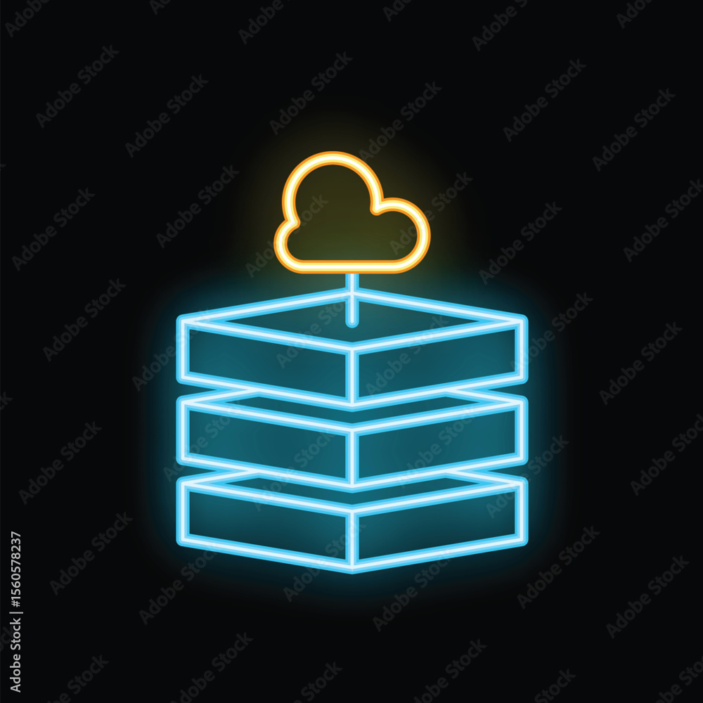 Poster blue and yellow neon icon of a cloud computing database server storage hosting system is isolated on