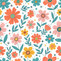 A cheerful seamless pattern features colorful flowers and leaves scattered across a white background