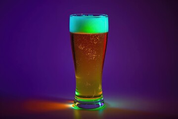A pilsner glass filled with amber liquid and a green foam top is centered against a purple background with colored reflections at its base