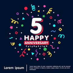 5th years anniversary celebration emblem. Happy anniversary logo isolated with colorful confetti and line doodle and stars on black background. vector illustration template design for web banner	