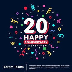 20th years anniversary celebration emblem. Happy anniversary logo isolated with colorful confetti and line doodle and stars on black background. vector illustration template design for web banner	