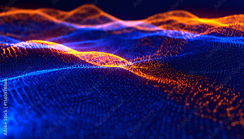 Poster an abstract landscape of undulating, glowing particles in vibrant orange and blue hues, creating a m