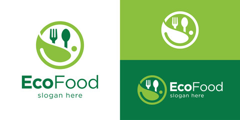 Creative simple eco food logo template. Abstract leaf or farmland with spoon fork for Organic food logo design vector illustration.