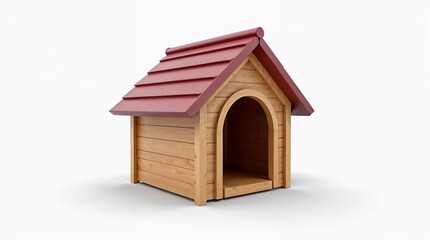 Wooden dog house with a red roof on a white background, comfortable pet shelter design