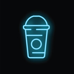 Blue neon sign depicting a soda cup with a lid, perfect for representing beverages and refreshment