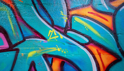 abstract graffiti with vibrant colors on turquoise textured wall vintage 80s funky style urban expression street art creative backgrounds vivid visuals modern 80s urban design