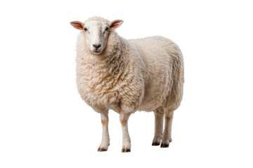 Fototapeta premium Fluffy white sheep standing and looking forward, captured on a transparent background