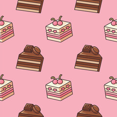 Seamless pattern with Chocolate cake and Cherry pie on a pastel Pink background