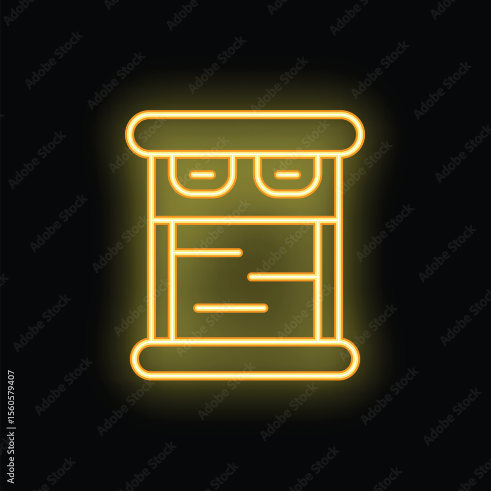 Poster glowing neon line ancient paper scroll with writing icon isolated on black background. vector illust