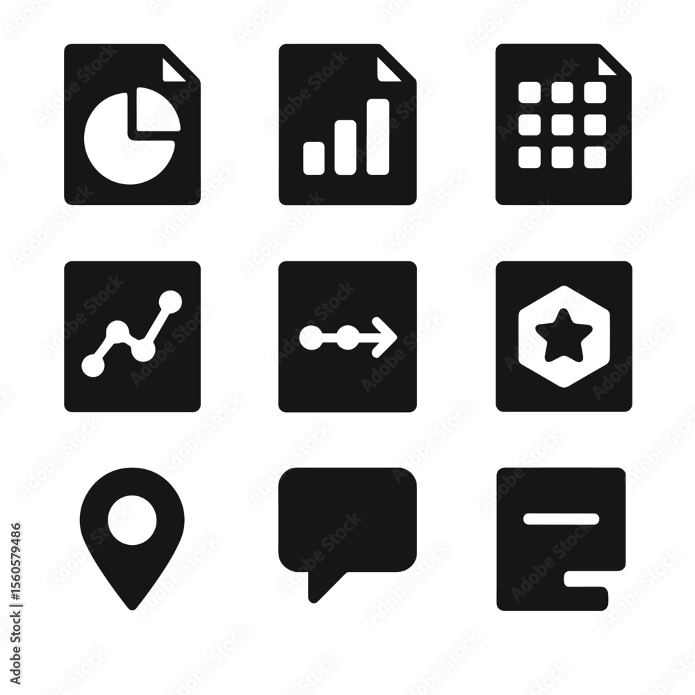 Poster infographic icon grid. solid, filled icon set of infographic report pages: pie chart, bar graph, ico