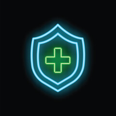 Obraz premium Vibrant neon shield with a glowing green cross symbolizing health protection and insurance