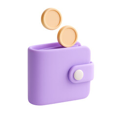 Purple 3d wallet with coins falling in isolated on transparent background