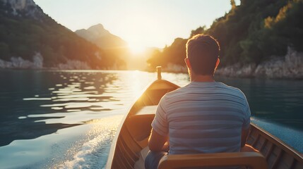 Fototapeta premium A man in a wooden boat on a lake at sunset.