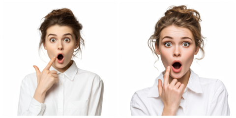 Surprised young woman in white shirt shows amazement face girl eyes hair on transparent background
