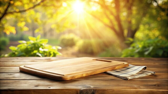 Rustic Wooden Board and Napkin on Outdoor Table with Sunlit Garden Background