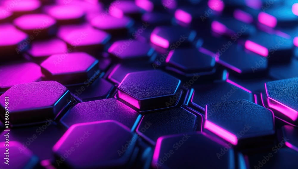 Poster close-up of a hexagonal, 3d pattern. dark, metallic hexagons are illuminated by vibrant pink-purple 