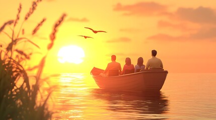Group of people in a boat at sunset.