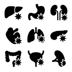 Obraz premium Internal Organ Pain Icons. Solid, filled icon set of internal organ pain: liver with pain icon, stomach ache, kidney inflammation,