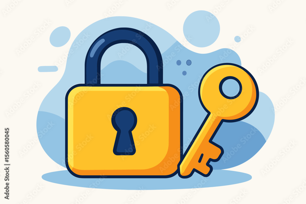 Poster security icon with closed lock and key. data protection concept. vector cartoon illustration. privac