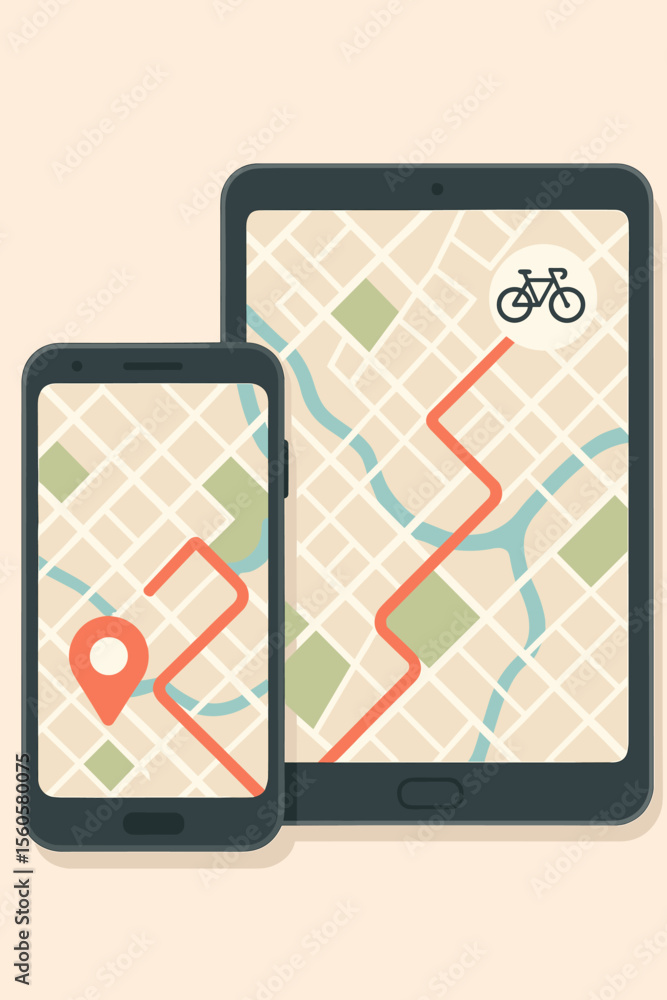 Poster gps navigation app on smartphone and tablet screen. city map with location pin and bike route. onlin