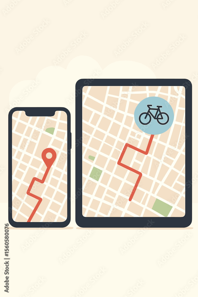 Poster gps navigation app on smartphone and tablet screen. city map with route to destination. bicycle loca