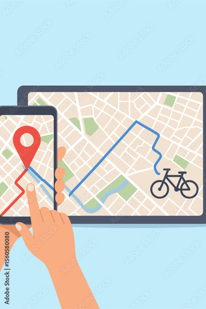 Poster gps navigation system for bike route. city map on smartphone and tablet screen. hand using app for l