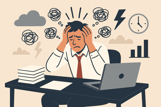 Business concept of professional burnout and work stress. Frustrated office worker feeling anxiety and depression from overload. Man overwhelmed by deadline pressure. Mental health.