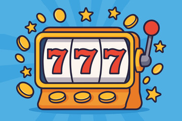 Slot machine 777 jackpot. Lucky seven combination for a big win prize in a casino. Cartoon vector illustration of a golden one-armed bandit with flying coins. Gambling and fortune.