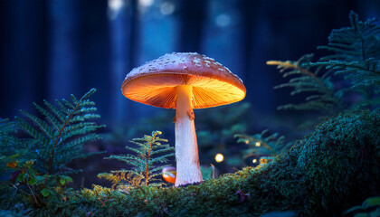 Fototapeta premium glowing mushroom in forest night