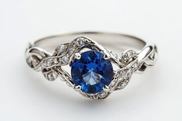 Elegant, blue sapphire ring with intricate, interwoven band
