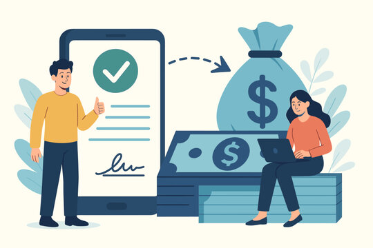 Online credit approval and digital contract signing. Vector illustration of a successful loan agreement. Quick money transfer, fintech financial services. Mobile banking and e-payment.